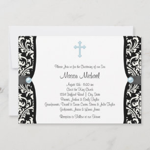 Blue Pearl Cross Blue Black Damask Christening Kaart