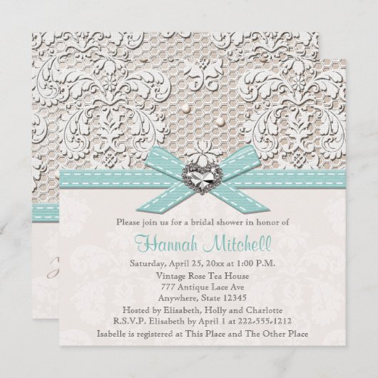 Blue Pearl Lace Diamond Bridal Shower Invitations Kaart (Voorkant / Achterkant)