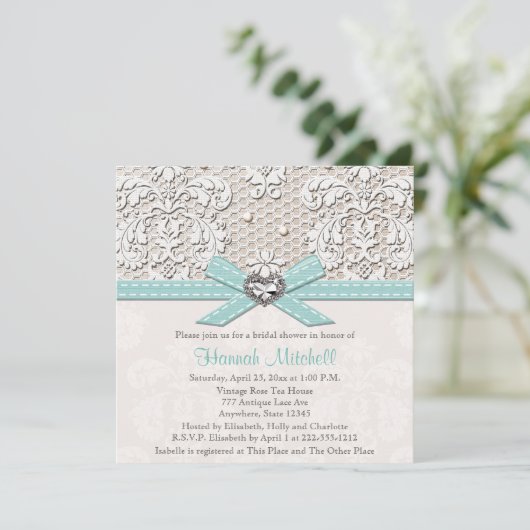 Blue Pearl Lace Diamond Bridal Shower Invitations Kaart (Staand voorkant)