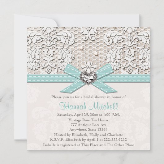 Blue Pearl Lace Diamond Bridal Shower Invitations Kaart (Voorkant)