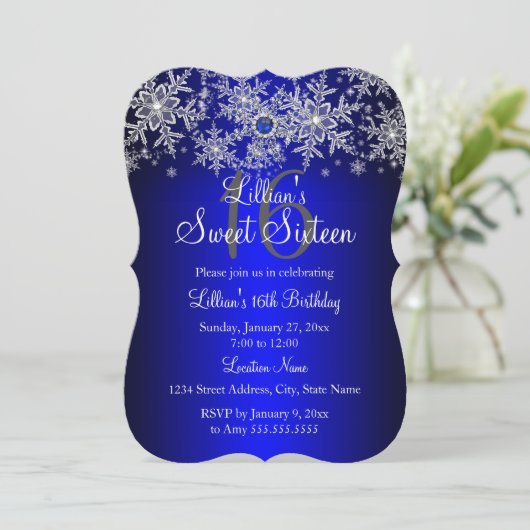 Blue Pearl Silver Snowflake Sweet 16 Kaart (Staand voorkant)