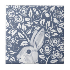 Blue Peeking Rabbit Bunny Floral Dedham Delft Tegeltje