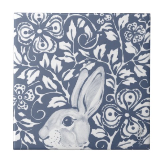 Blue Peeking Rabbit Bunny Floral Dedham Delft Tegeltje (Voorkant)