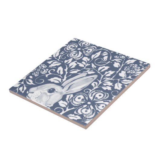 Blue Peeking Rabbit Bunny Floral Dedham Delft Tegeltje (Zijkant)