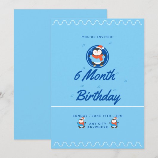 Blue Penguin 6 Month Birthday Kaart (Voorkant / Achterkant)