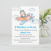 Blue Penguin Airplane Boy Baby shower Invitation Kaart (Staand voorkant)