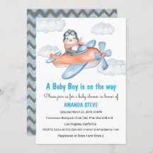 Blue Penguin Airplane Boy Baby shower Invitation
