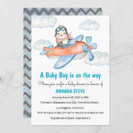 Blue Penguin Airplane Boy Baby shower Invitation Kaart