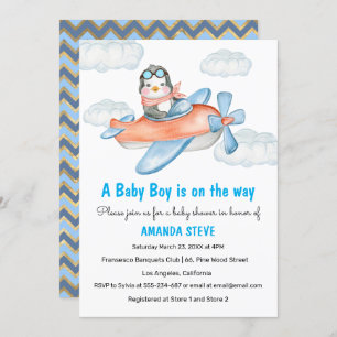 Blue Penguin Airplane Boy Baby shower Invitation Kaart