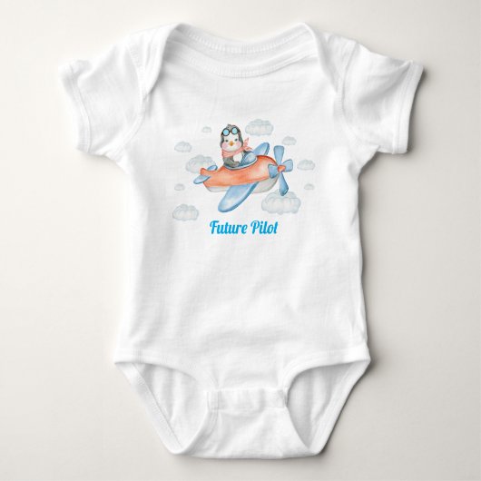 Blue Penguin Animal Airplane Pilot Baby Bodysuit (Voorkant)