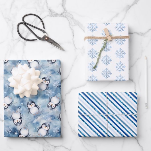 Blue Penguin Baby shower Gift Wrap Sheets Inpakpapier Vel (Voorkant)