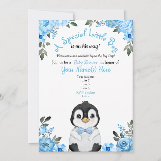Blue Penguin Baby shower Invitation Floral Kaart (Voorkant)