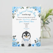 Blue Penguin Baby shower Invitation Floral Kaart (Staand voorkant)