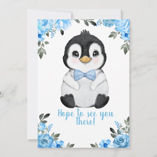 Blue Penguin Baby shower Invitation Floral Kaart (Achterkant)
