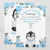 Blue Penguin Baby shower Invitation Floral Kaart (Voorkant / Achterkant)