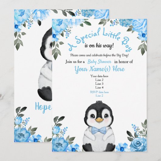 Blue Penguin Baby shower Invitation Floral Kaart (Voorkant / Achterkant)