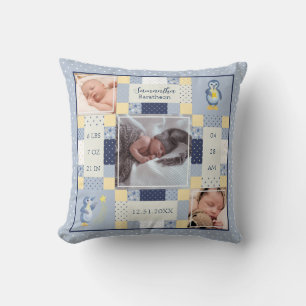 Blue Penguin Quilt Baby Birth Stats Personated Kussen