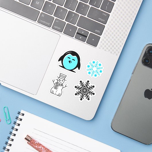 Blue Penguin Snowman Snowflake kerstset Sticker (Laptop met iPhone)