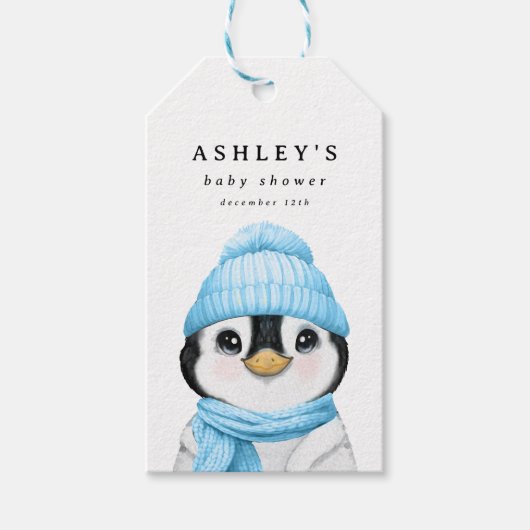 Blue Penguin Winter Baby shower Cadeaulabel (Voorkant)