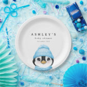 Blue Penguin Winter Baby shower Papieren Bordje (Feest)