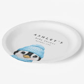 Blue Penguin Winter Baby shower Papieren Bordje (Gekanteld)