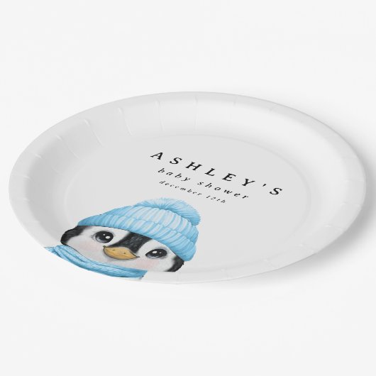 Blue Penguin Winter Baby shower Papieren Bordje (Gekanteld)