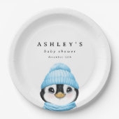 Blue Penguin Winter Baby shower Papieren Bordje (Voorkant)