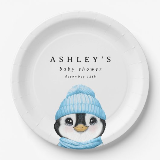 Blue Penguin Winter Baby shower Papieren Bordje (Voorkant)