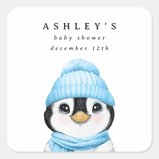 Blue Penguin Winter Baby shower Vierkante Sticker (Voorkant)