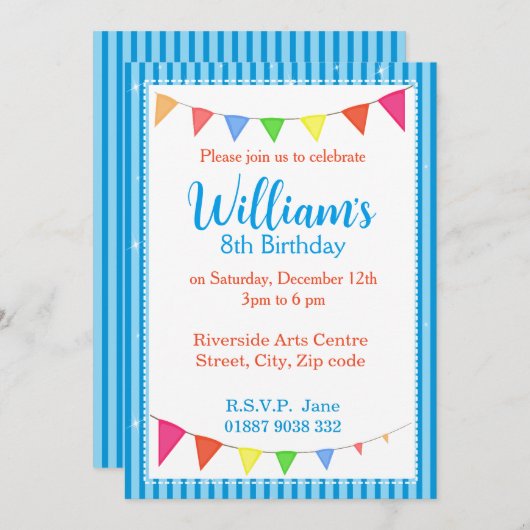 Blue Pennant Party Invitation Kaart (Voorkant / Achterkant)