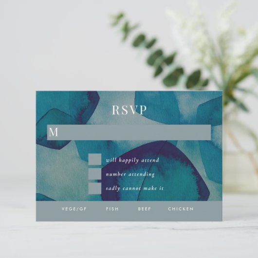 Blue Pentagons Waterverf bruiloft RSVP Kaartje (Staand voorkant)