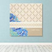 BLUE PEONIES & DAMASK - Wrapped Canvas Afdruk (Insitu (Houten vloer))
