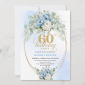 Blue Peonies Eucalyptus 60th Birthday Invitation Kaart (Voorkant)