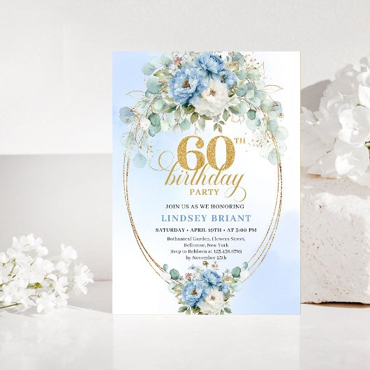 Blue Peonies Eucalyptus 60th Birthday Invitation Kaart