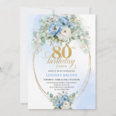 Blue Peonies Eucalyptus Greenery Gold 80th Invite Kaart (Voorkant)