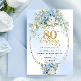 Blue Peonies Eucalyptus Greenery Gold 80th Invite Kaart