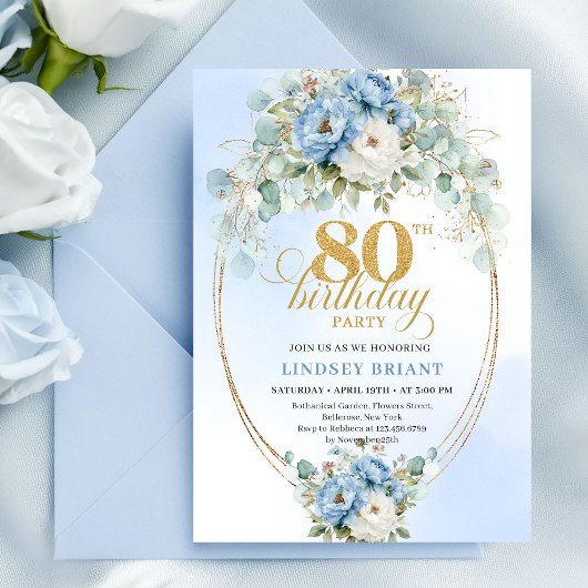 Blue Peonies Eucalyptus Greenery Gold 80th Invite Kaart