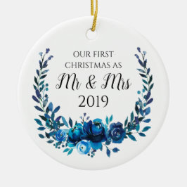 Blue Peonies First Kerstmis als Mr & Mrs. Keramisch Ornament