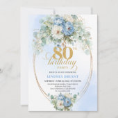 Blue Peonies Greenery Minimal Boho 80th Birthday Kaart (Voorkant)