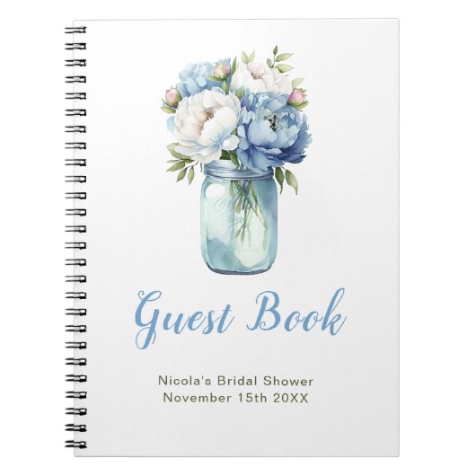 Blue Peonies Mason Jar Bridal Shower Guest Book Notitieboek (Voorkant)