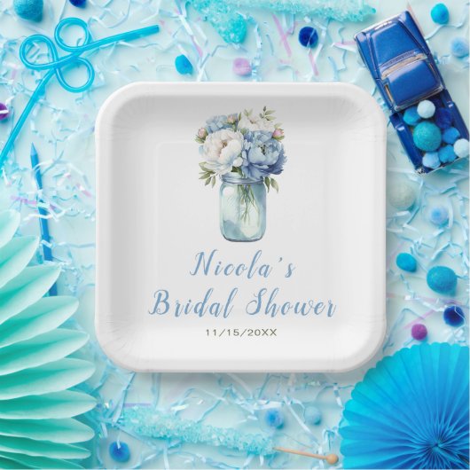 Blue Peonies Mason Jar Vrijgezellenfeest Papieren Bordje (Feest)