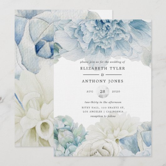 Blue Peonies Wedding Invitation Kaart (Voorkant / Achterkant)