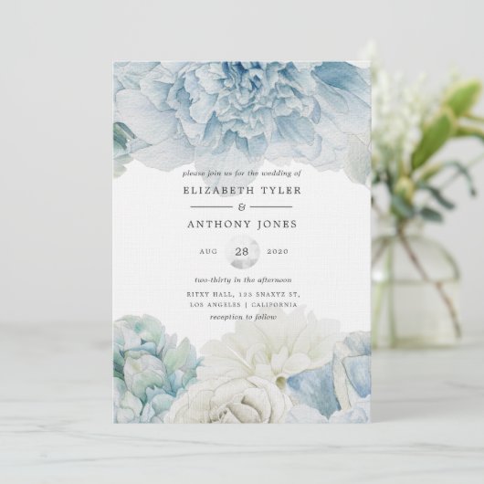 Blue Peonies Wedding Invitation Kaart (Staand voorkant)