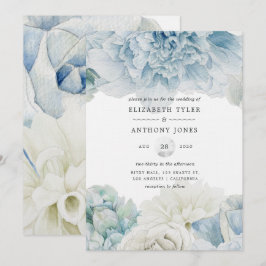 Blue Peonies Wedding Invitation Kaart
