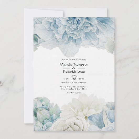 Blue Peonies Wedding Invitation Kaart (Voorkant)