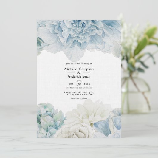 Blue Peonies Wedding Invitation Kaart (Staand voorkant)