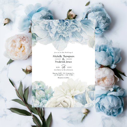 Blue Peonies Wedding Invitation Kaart