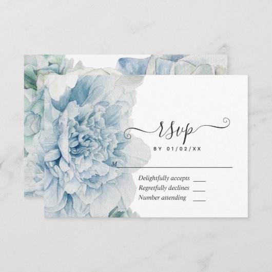 Blue Peonies Wedding RSVP Kaartje (Voorkant / Achterkant)