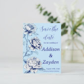 Blue Peony Chinoiserie Sla de datumkaarten op Briefkaart (Staand voorkant)