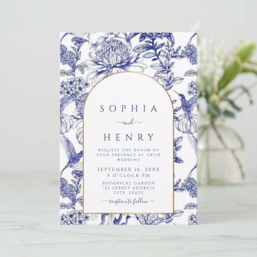 Blue Peony Chinoiserie Victoriaans bloemenbruiloft Kaart (Staand voorkant)